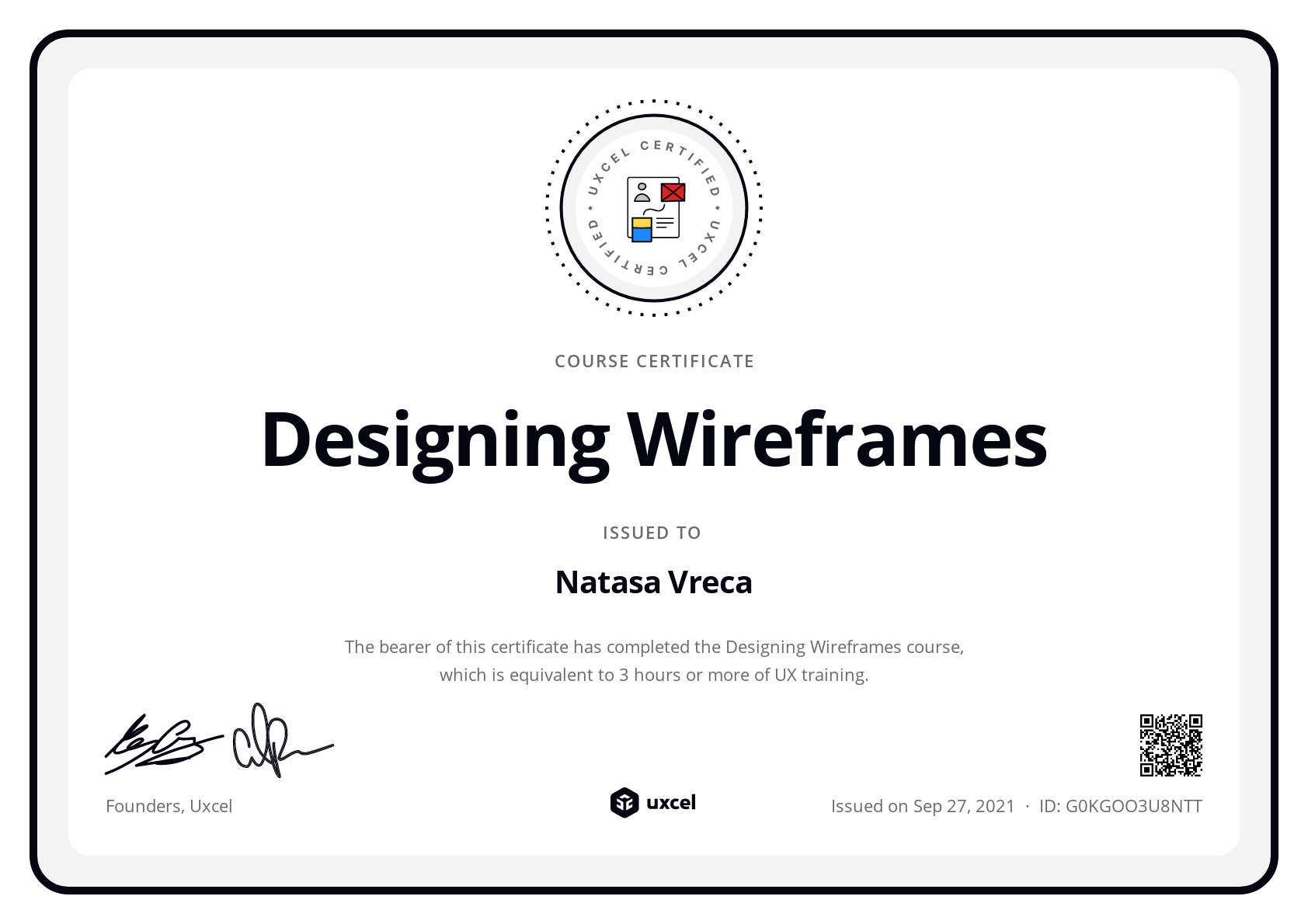 Natasa Vreca's certificate